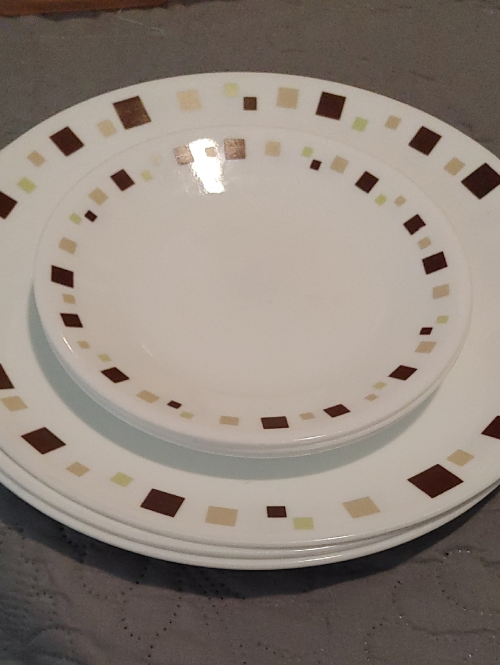Corelle White Dinnerware Set with Brown, Tan, and Light Green Geometrics